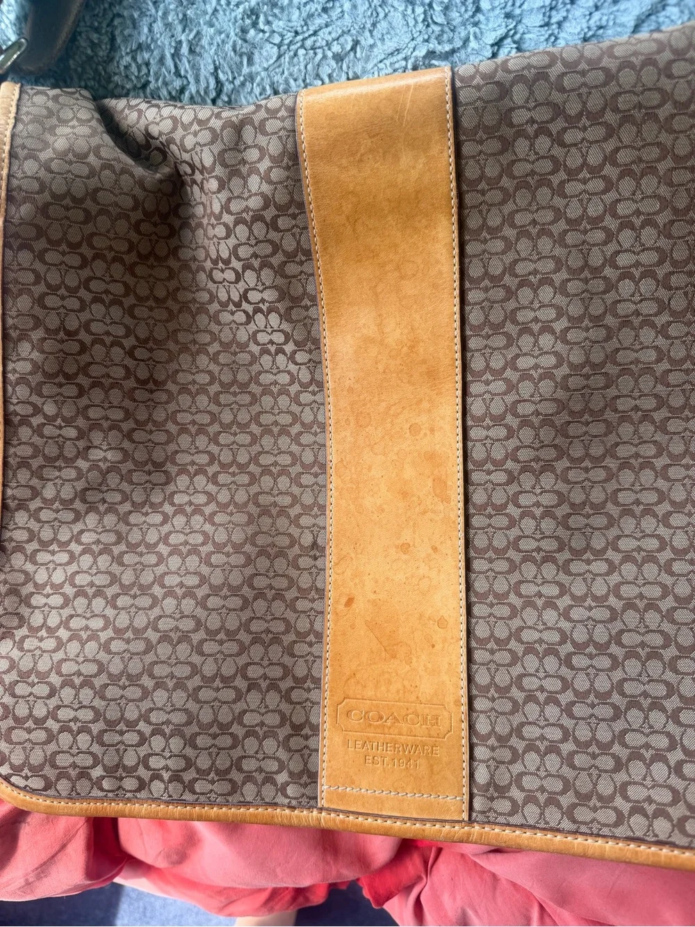 Coach Brown Signature Canvas Messenger with Tan Leather Stripe